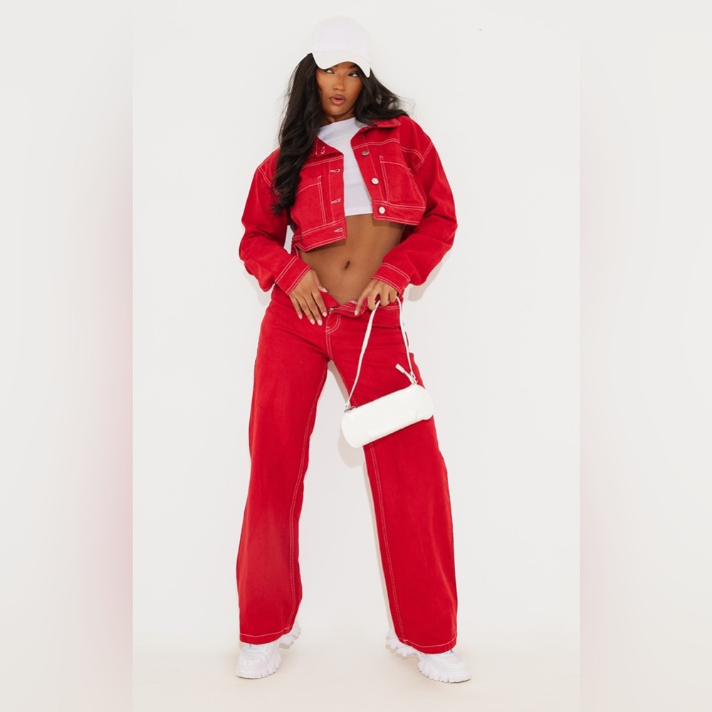 RED WITH CONTRAST STITCH WIDE LEG JEAN